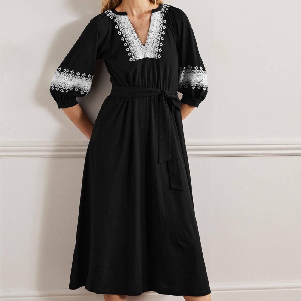 Boden Black Midi Dress with White Embroidered Trim